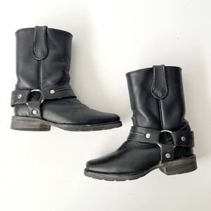 Black Leather Youth‎ Size 2 Engineer Harness Square Toe Motorcycle Boots Biker